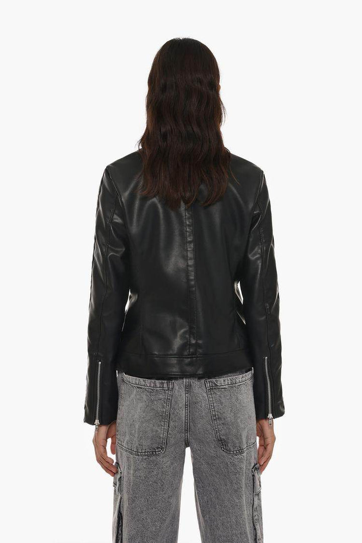 Back view of the women's leather effect jacket

