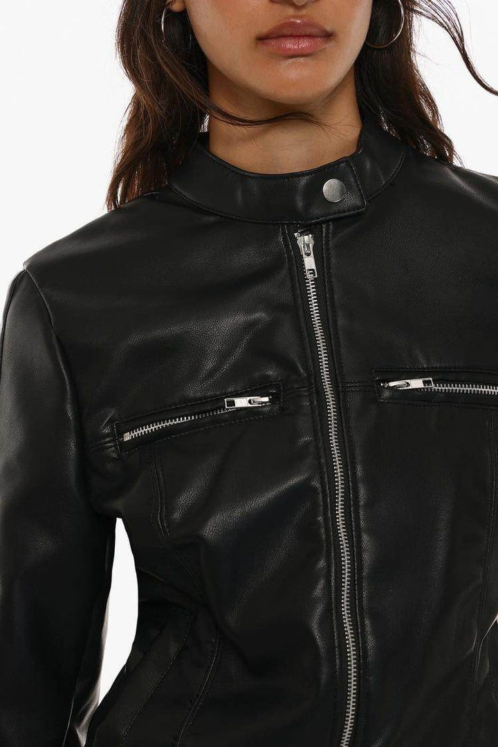 Close-up front view of leather effect jacket details

