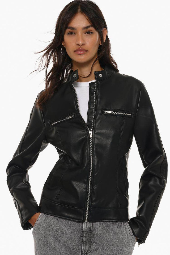 Front view of women's black leather effect jacket

