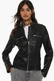 Front view of women's black leather effect jacket

