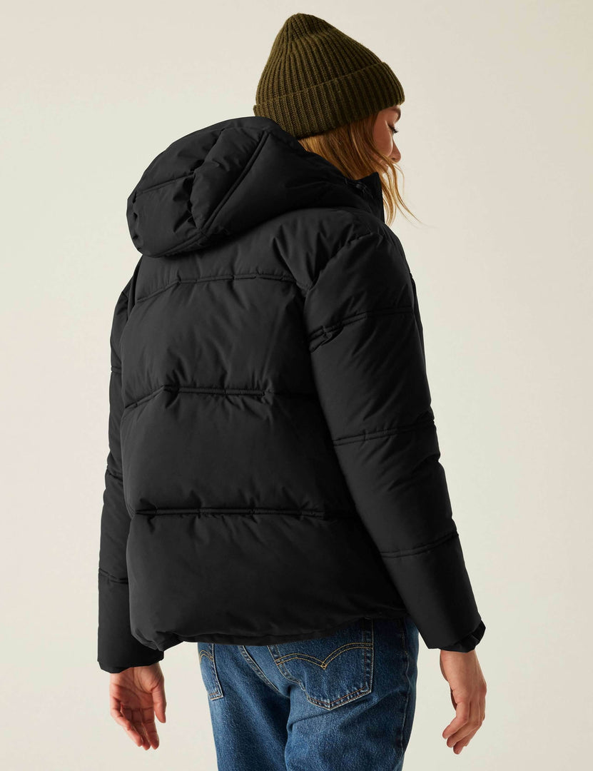 Back view of the women's black quilted puffer jacket

