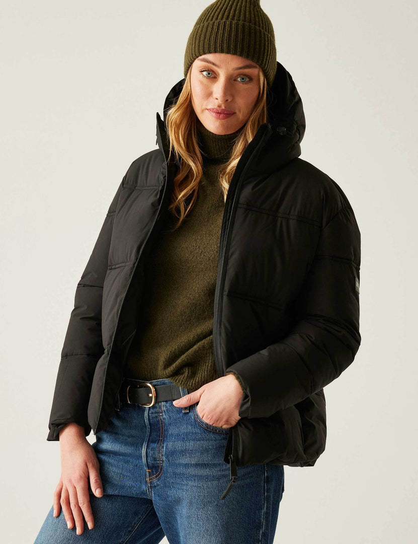 Close-up front view of the black quilted puffer jacket

