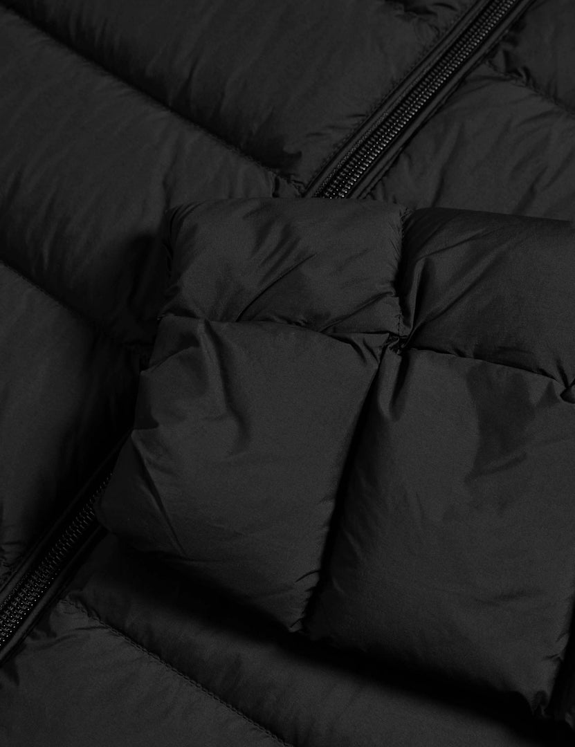 Close-up detail of the black puffer jacket's insulated material

