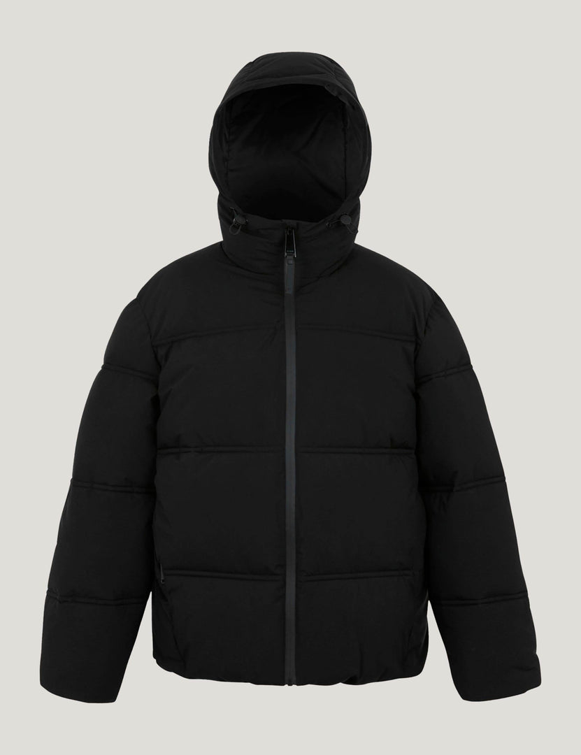 Black quilted hooded puffer jacket for women

