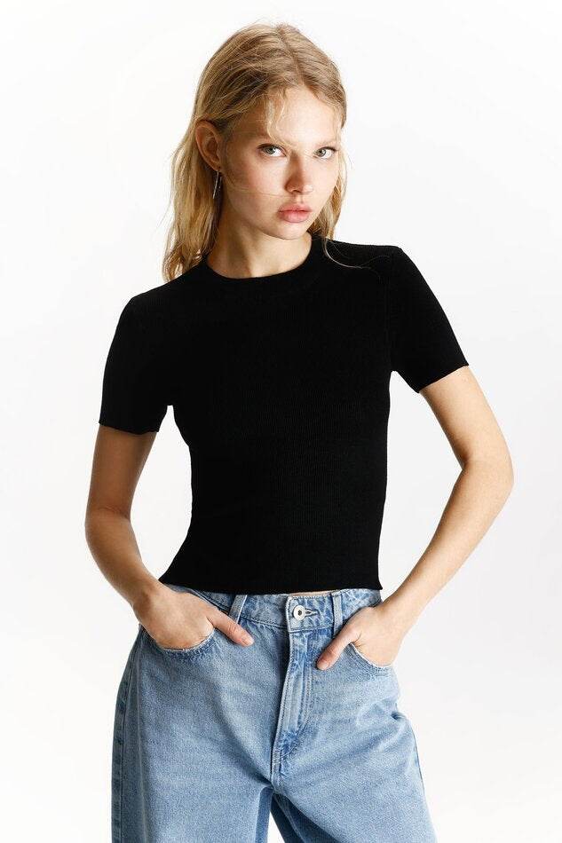 Front view of women's black ribbed knit t-shirt

