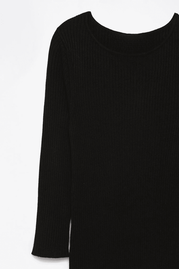 Close-up product image of the black ribbed midi dress material


