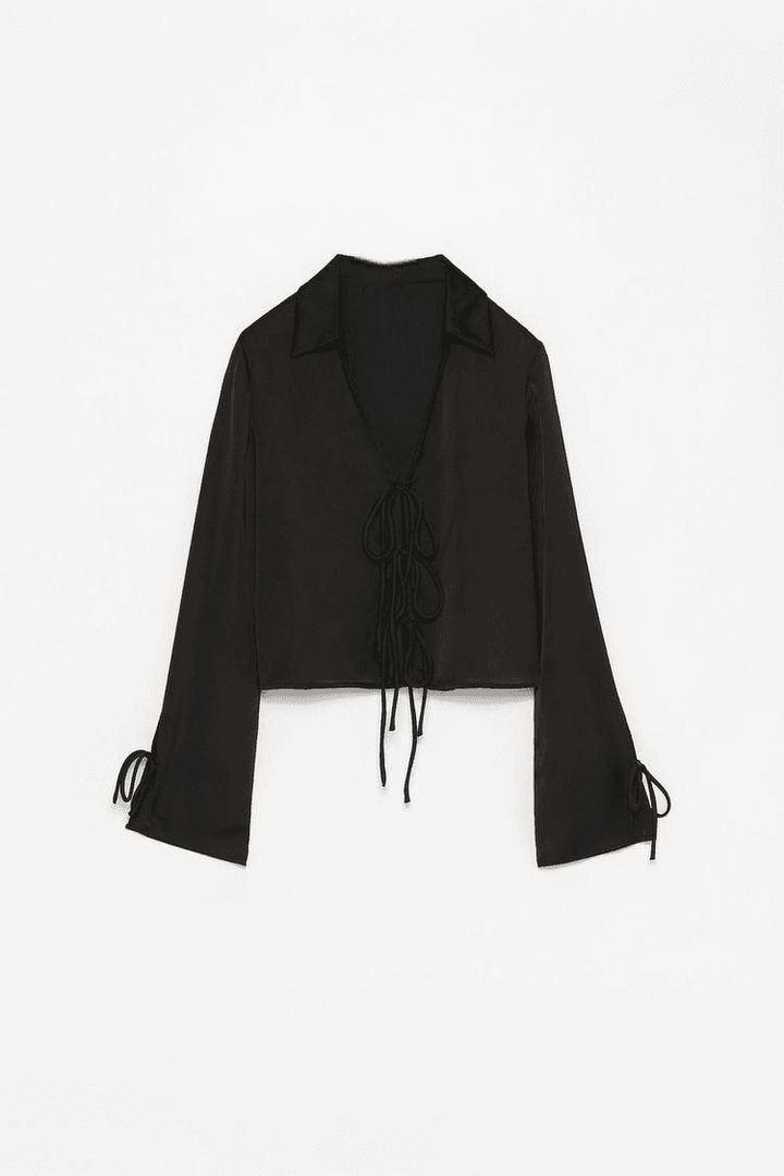 Black satin shirt with ties for women

