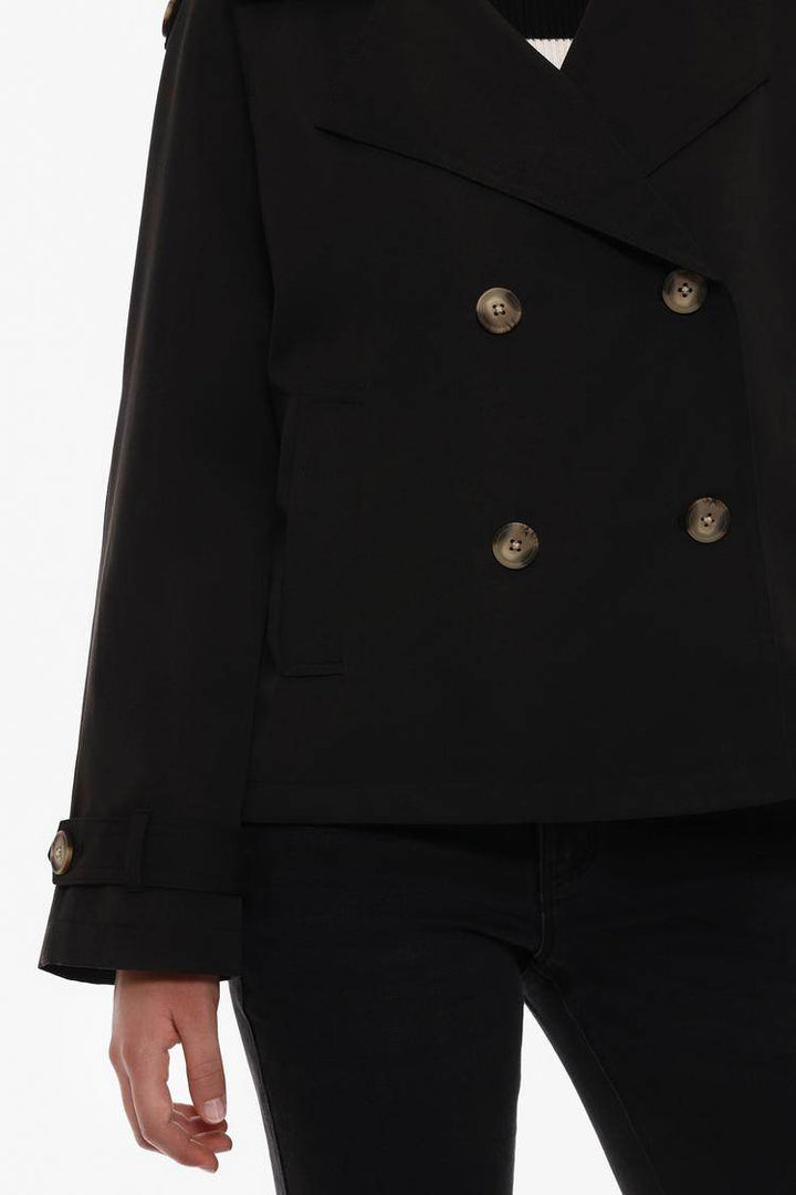 Close-up front view of black trench coat

