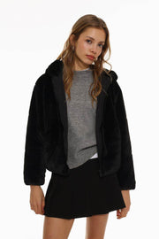 Front view of women's black short soft coat

