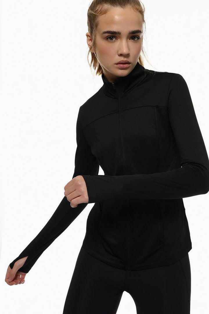 Model showcasing black sports jacket front

