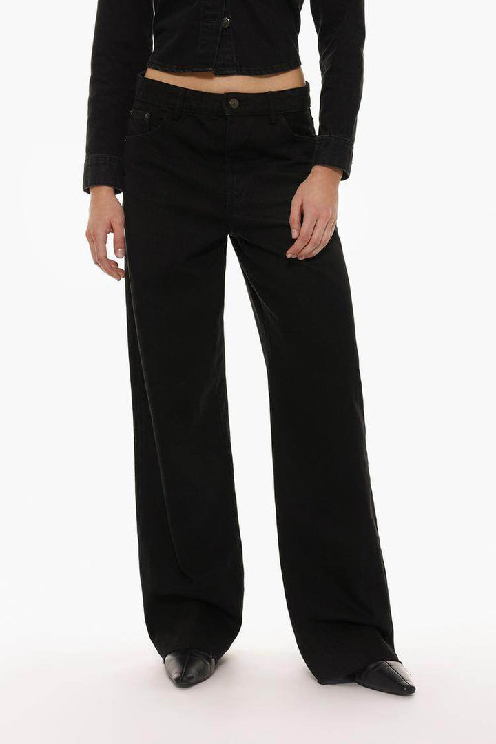 Close-up front view of the black wide-leg jeans material

