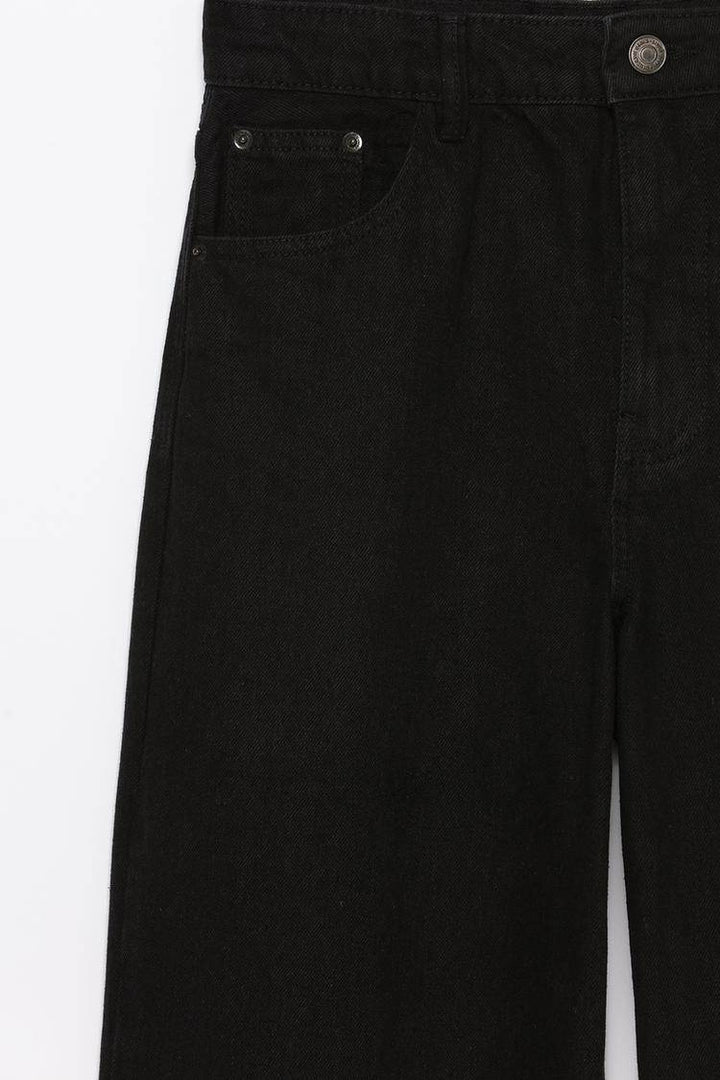 Close-up product image of the black wide-leg jeans fabric

