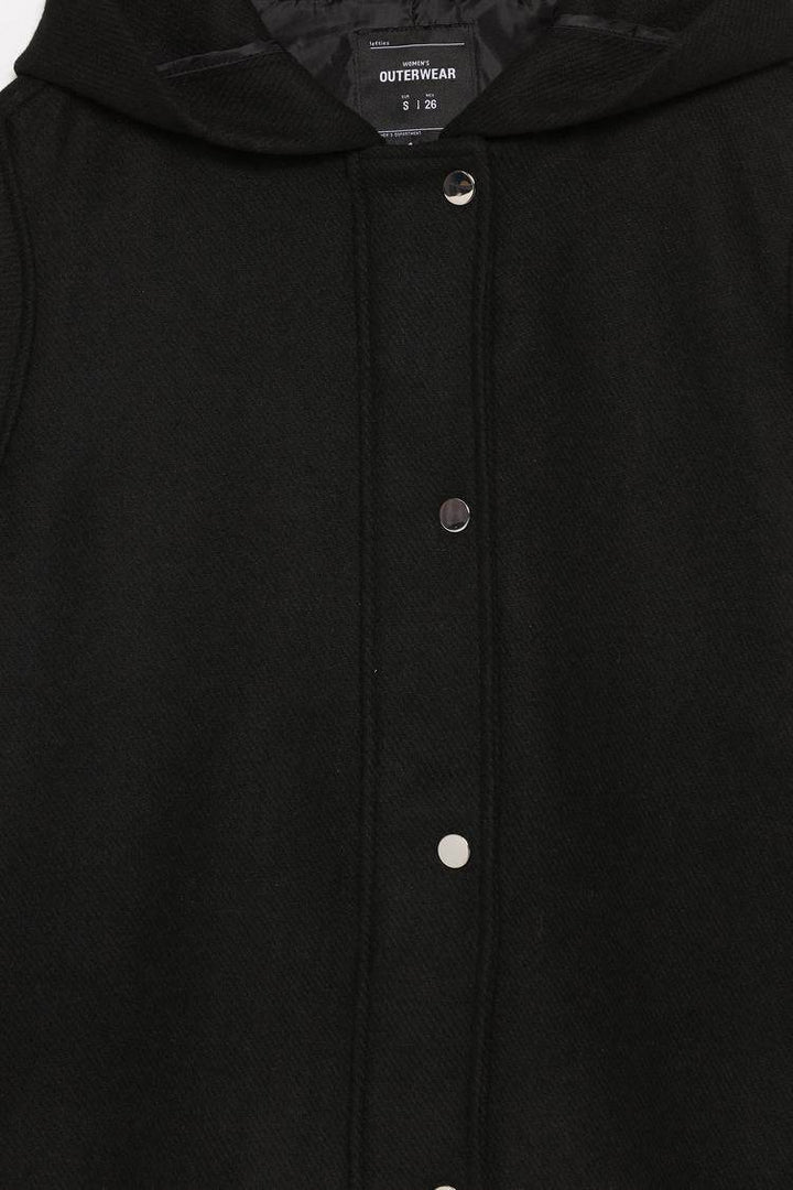 Close-up product image of black wool coat fabric

