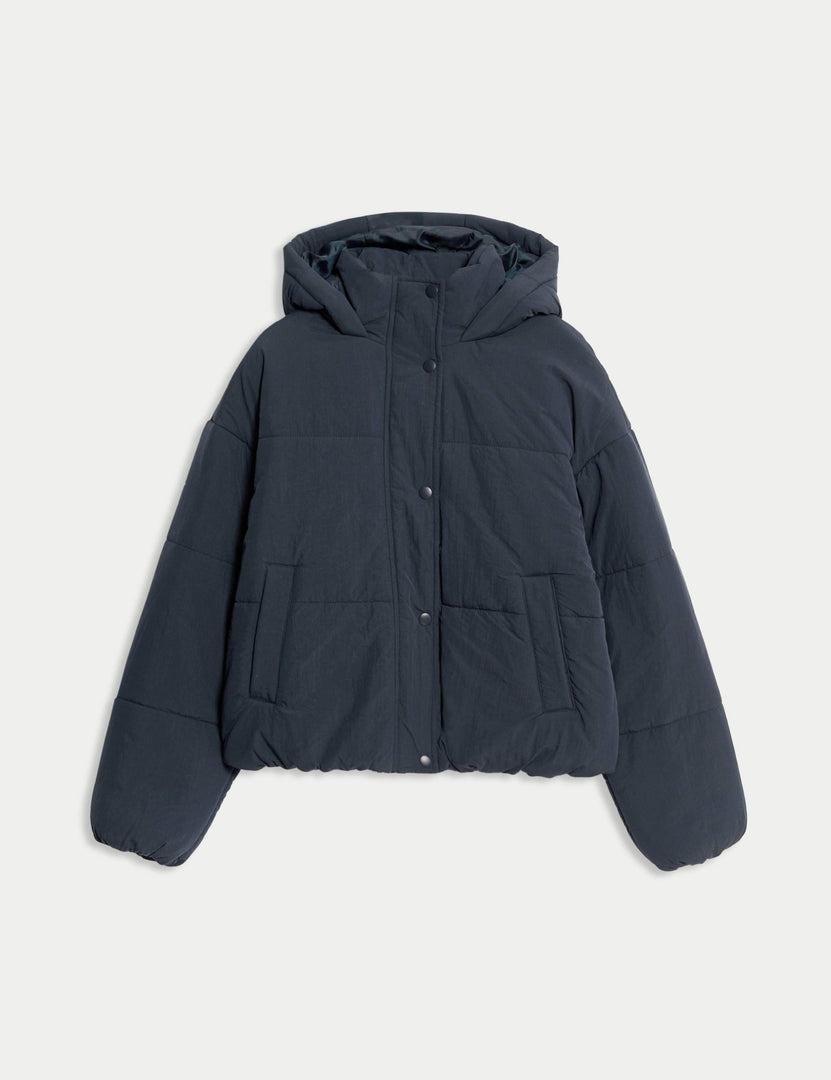 Blue hooded puffer jacket for women

