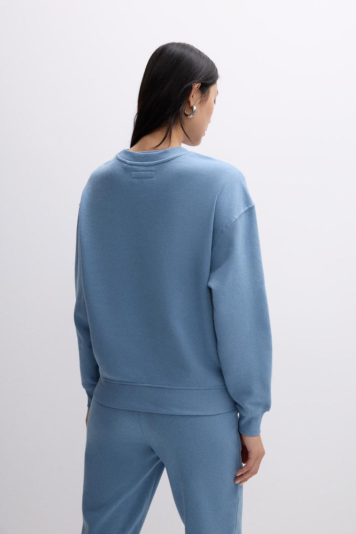 Back view of a blue women's sweatshirt
