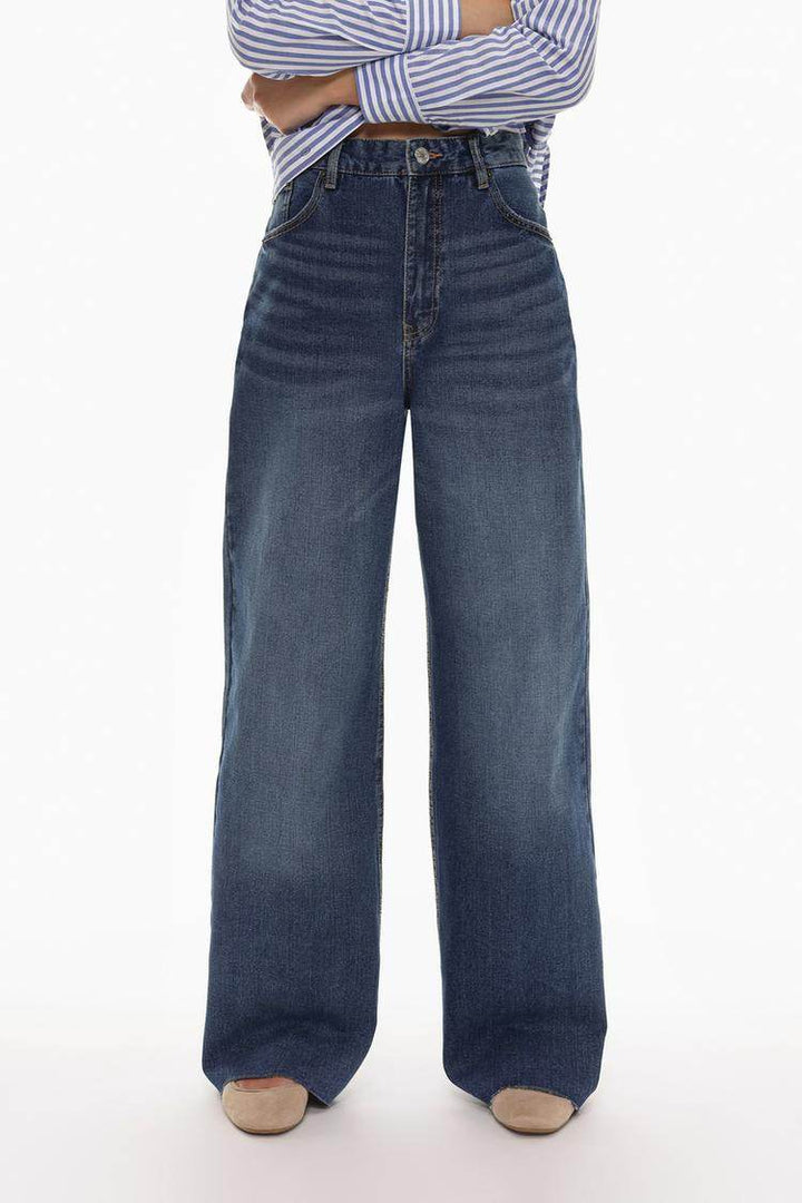 Front view of the women's blue wide-leg jeans

