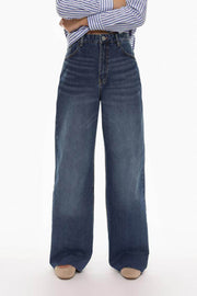 Front view of the women's blue wide-leg jeans

