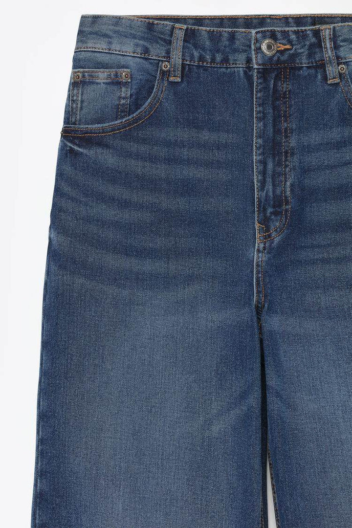 Close-up product image of the blue wide-leg jeans denim

