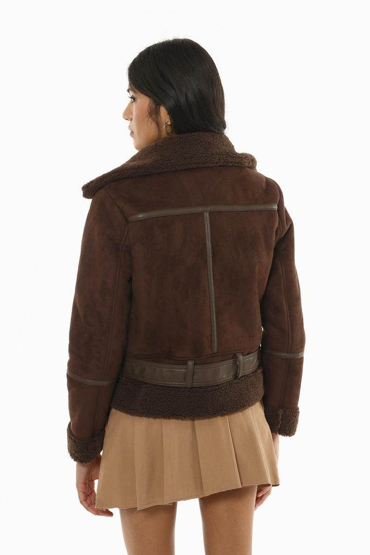Back view of the women's brown double-faced crossover jacket

