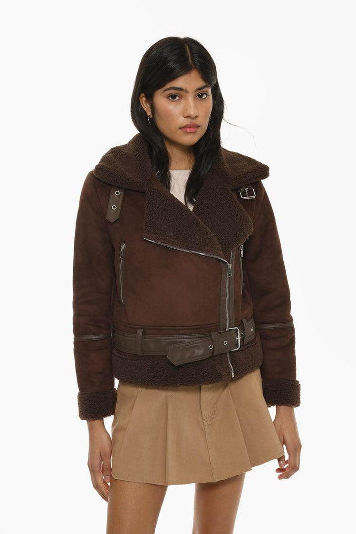Front view of women's brown double-faced crossover jacket

