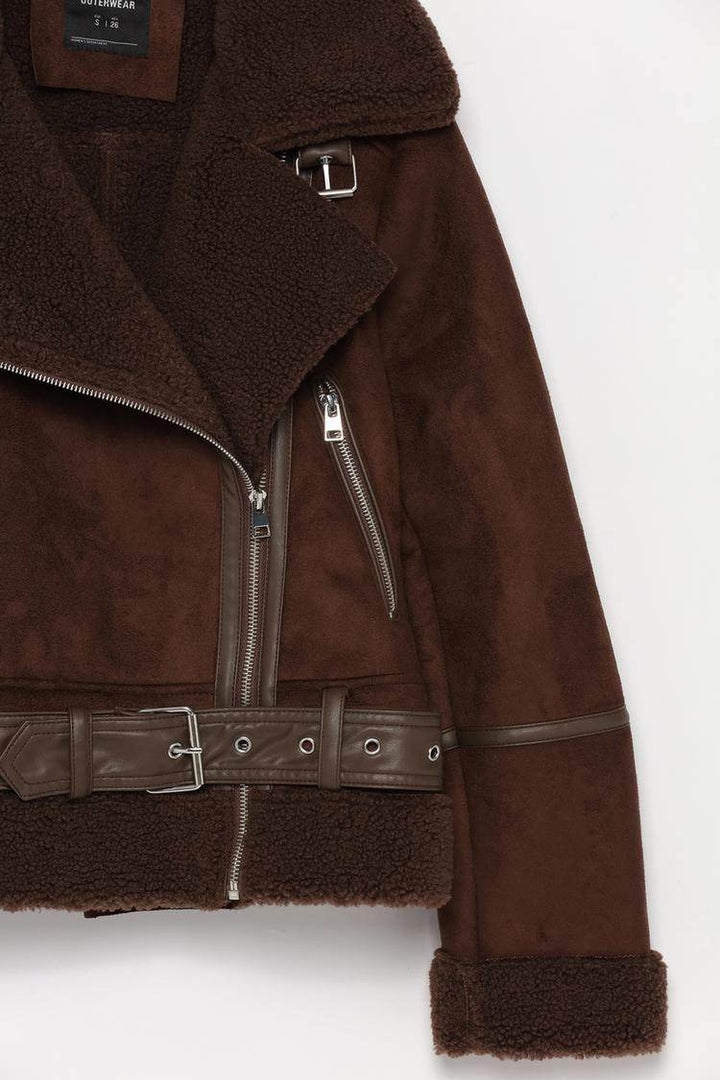 Close-up of brown double-faced jacket fabric texture

