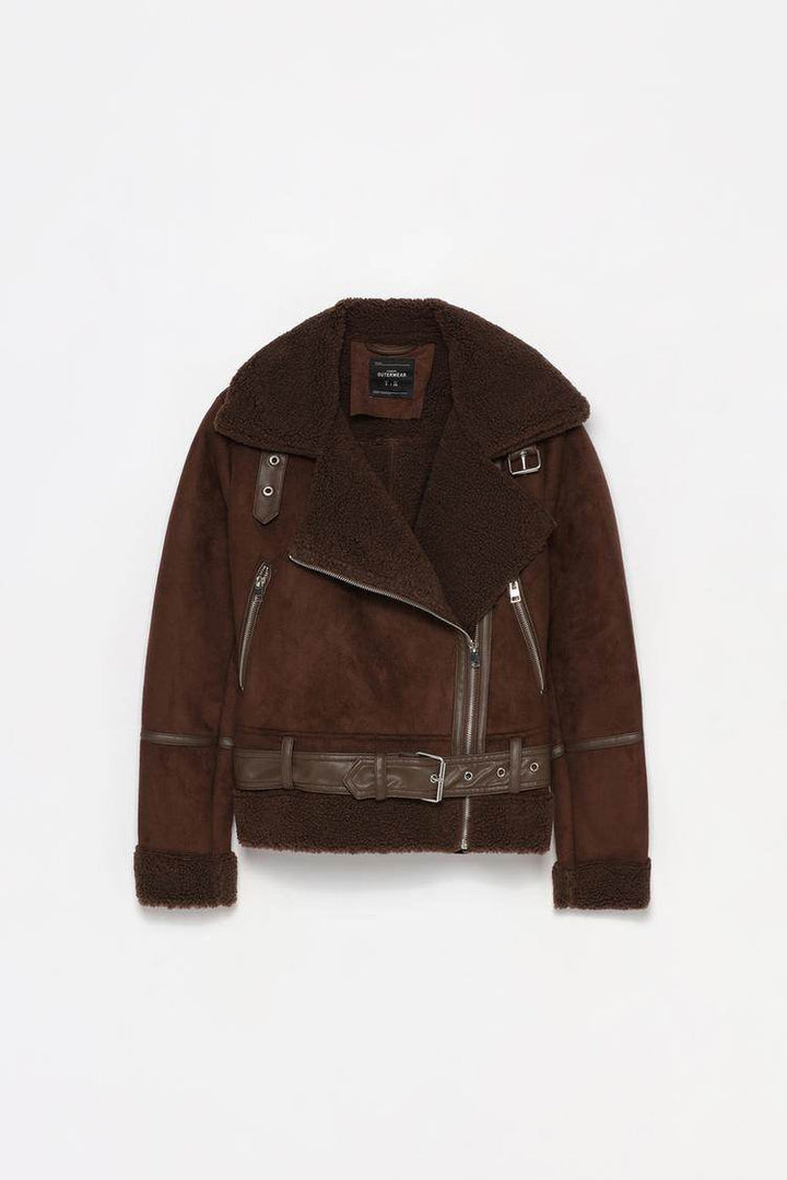 Zoomed out product image of brown crossover jacket

