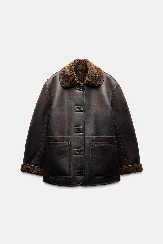 Product front view of brown reversible faux leather coat

