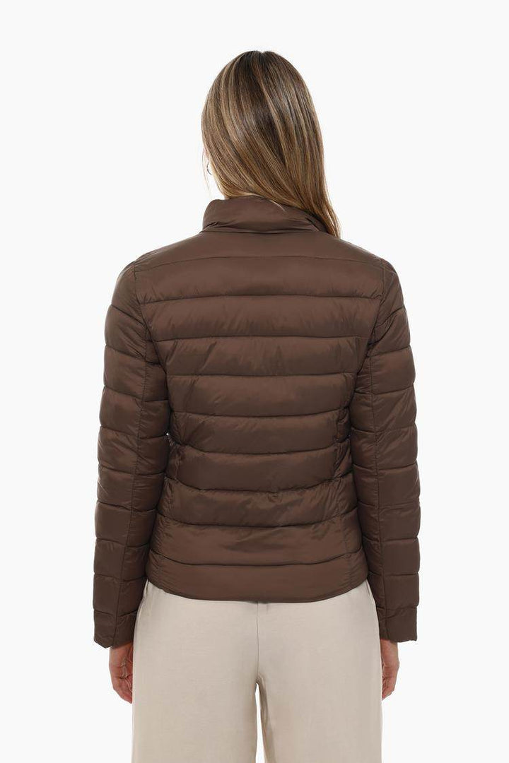 Back view of the women's brown lightweight puffer jacket

