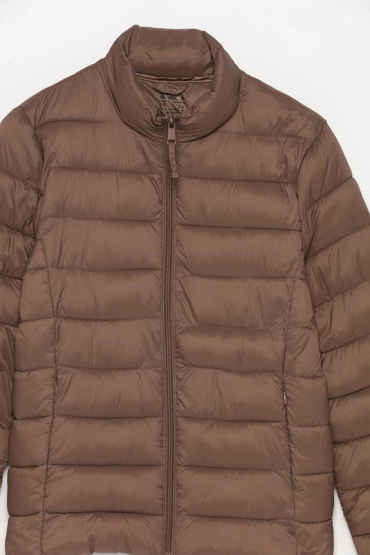Close-up product image of brown puffer jacket

