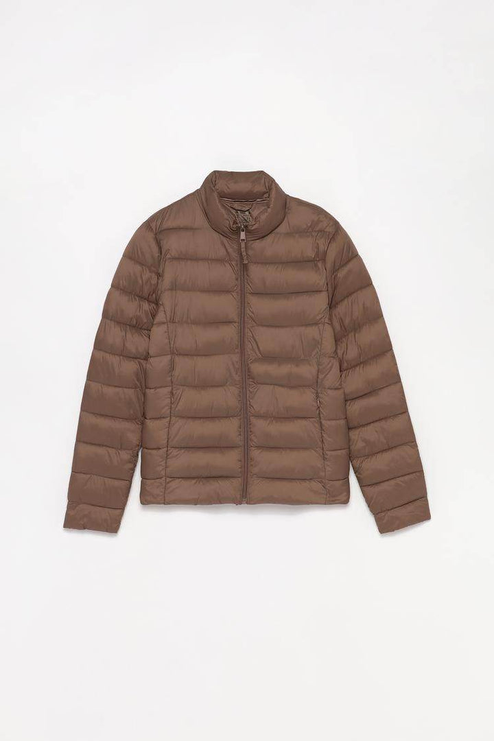 Brown lightweight puffer jacket for women

