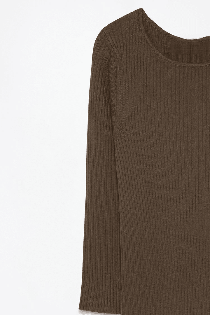 Close-up product image of the brown ribbed midi dress texture

