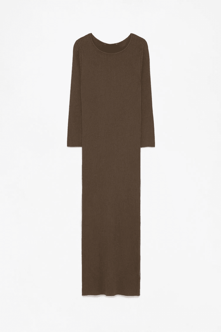 Brown ribbed midi dress for women

