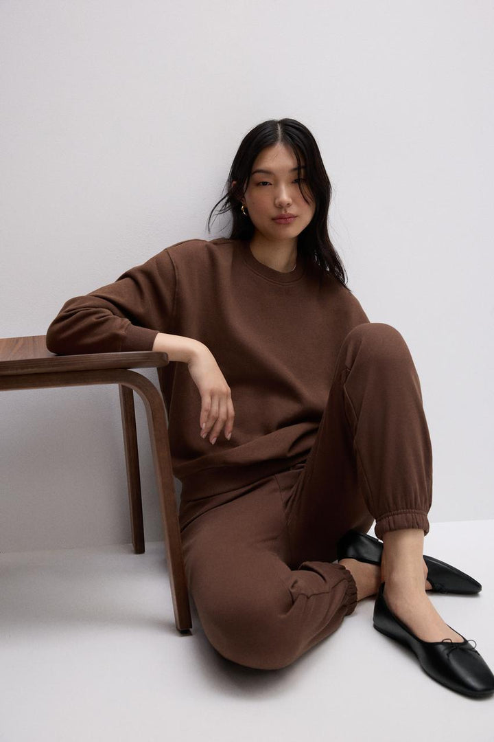 Front full view of a brown women's sweatshirt
