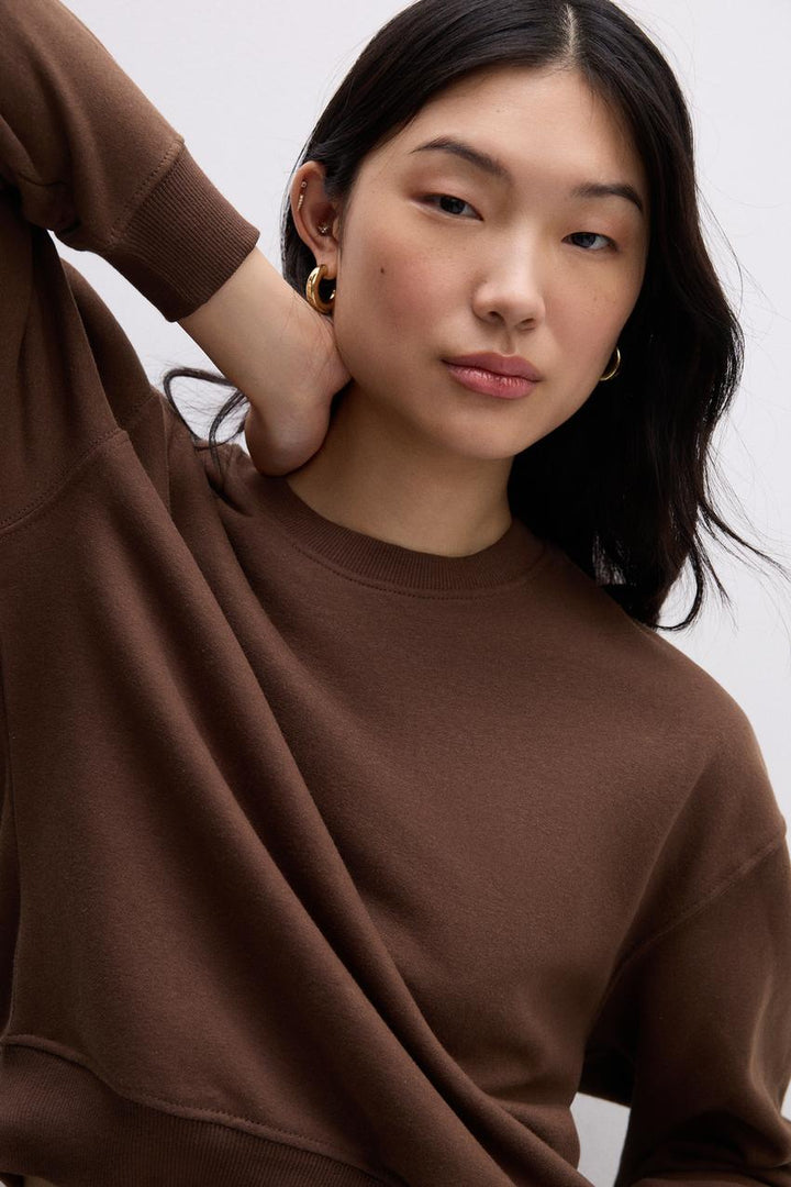Zoomed front view of a brown women's sweatshirt