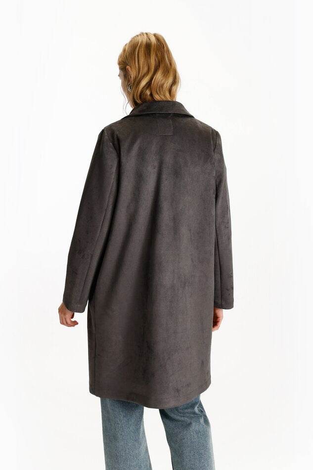 Back view of the women's dark green faux suede coat

