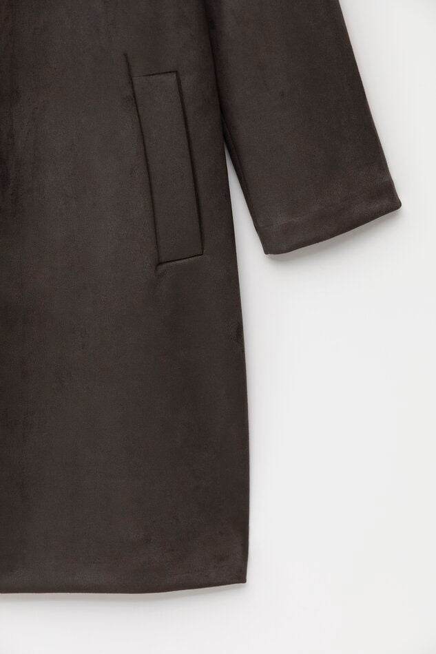 Close-up product image of dark green faux suede coat

