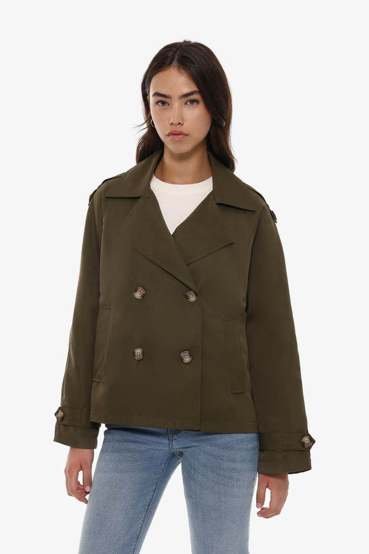 Front view of women's dark green short oversize trench coat


