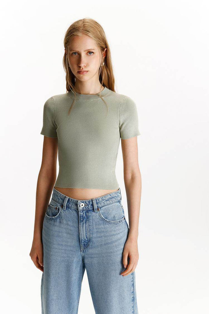 Front view of women's green ribbed knit t-shirt

