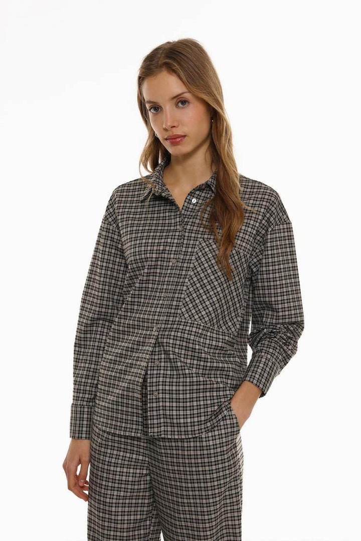 Front view of women's grey checked shirt

