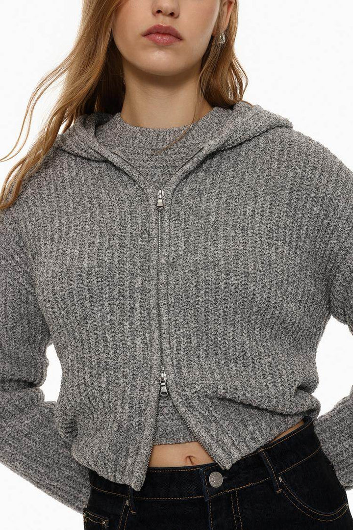 Close-up front view of grey chenille jacket

