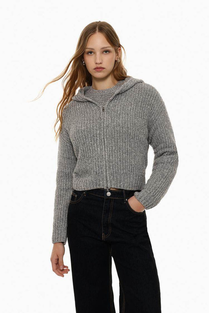 Front view of women's grey chenille jacket

