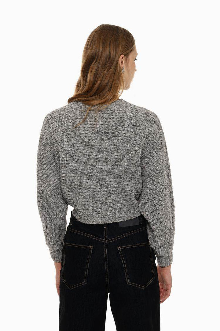 Back view of the women's grey cropped chenille sweater

