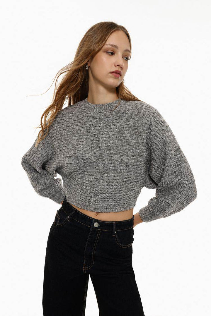 Model showcasing grey cropped chenille sweater front

