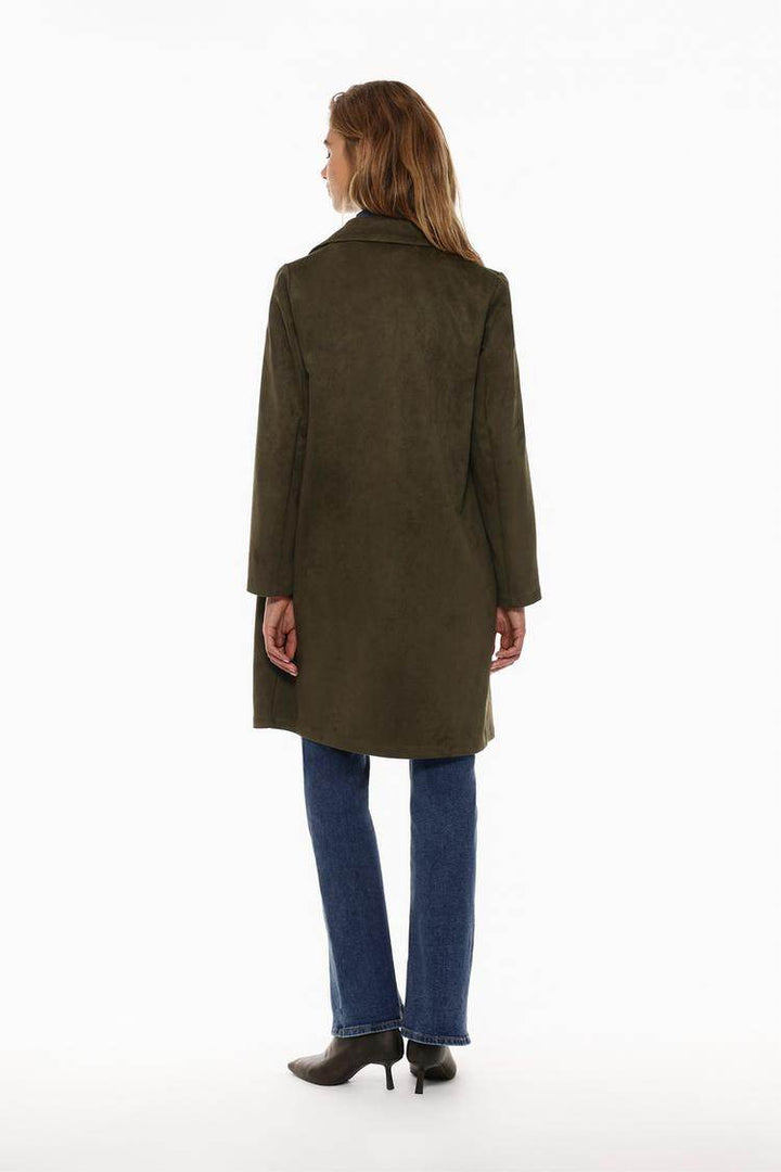 Back view of the women's grey faux suede coat

