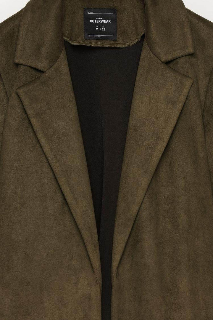 Close-up product image of grey faux suede coat fabric

