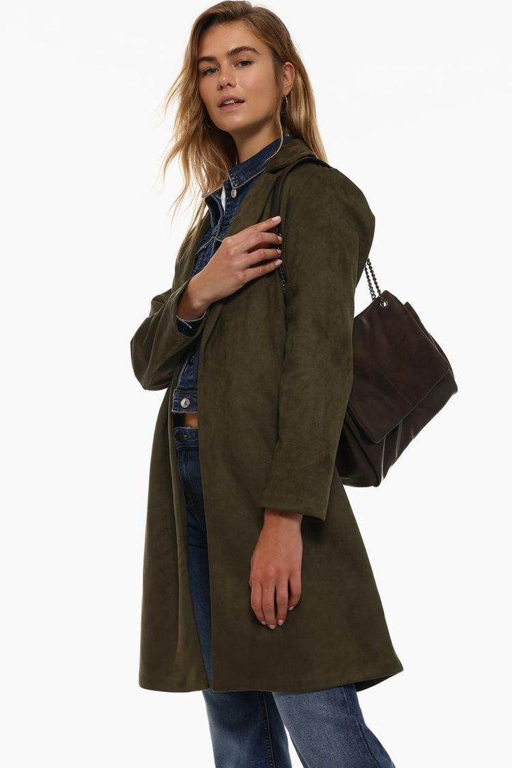 Side view of the women's grey faux suede coat

