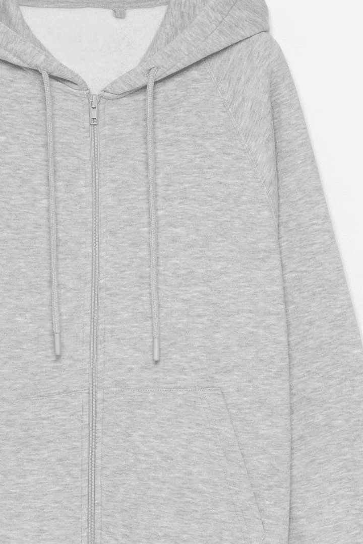 Close-up product image of grey hooded jacket

