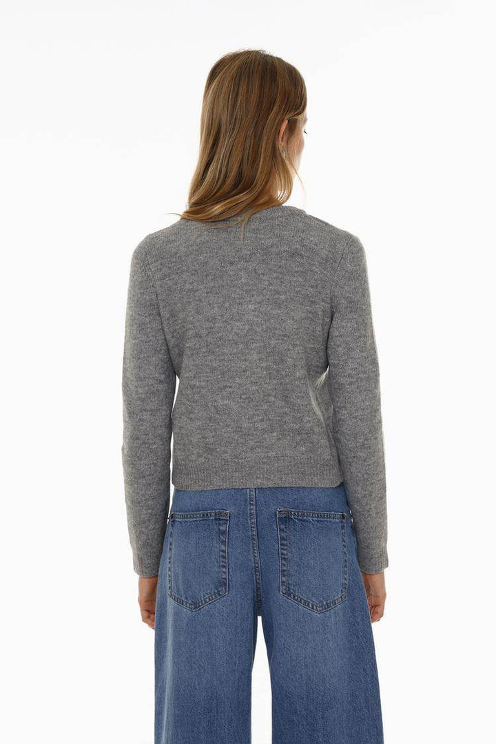 Back view of the women's grey rounded neck knit cardigan

