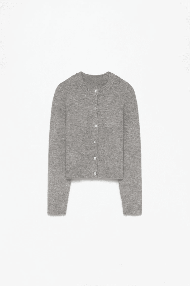 Grey rounded neck knit cardigan for women

