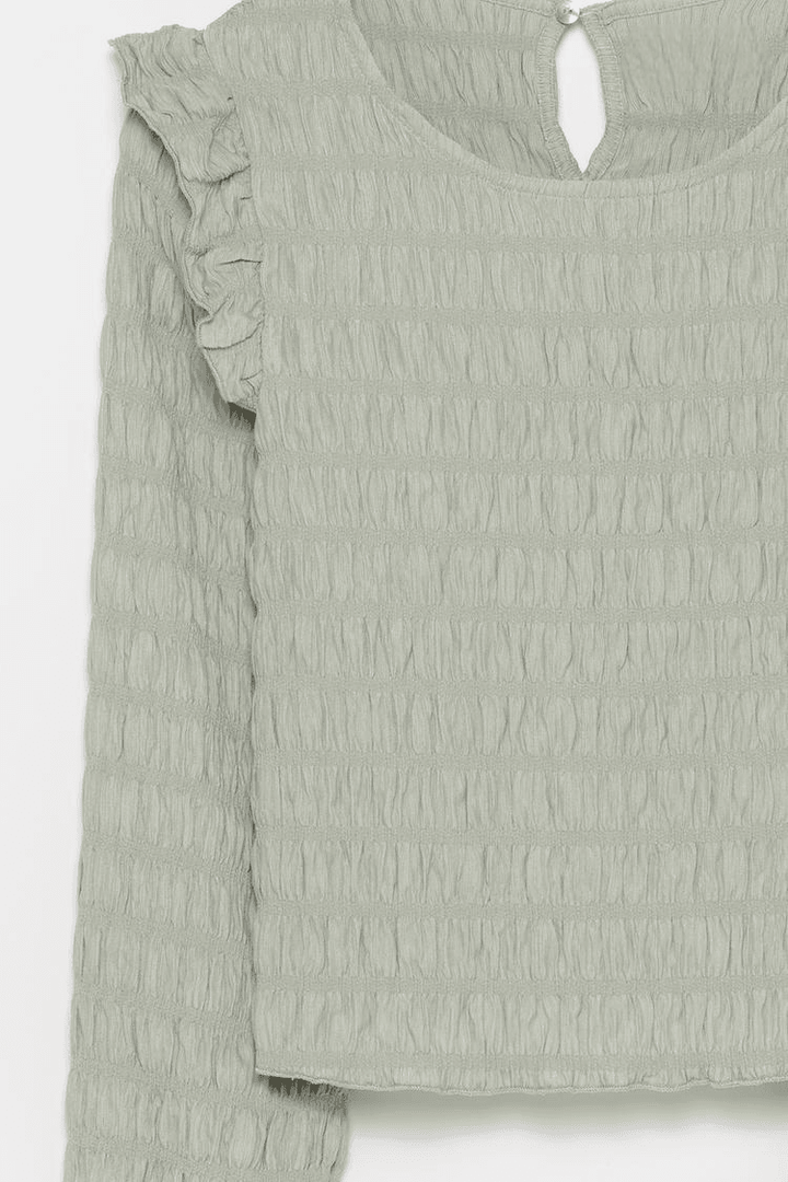 Close-up product image of grey ruffle blouse details

